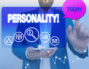 Conceptual hand writing showing Personality. Concept meaning combination characteristics that form...