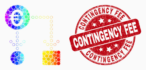 Pixel spectral euro cash flow mosaic pictogram and Contingency Fee stamp. Red vector round distress seal stamp with Contingency Fee caption. Vector composition in flat style.