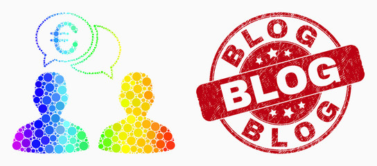 Pixel spectral euro people chat mosaic icon and Blog seal. Red vector rounded grunge seal stamp with Blog title. Vector combination in flat style.