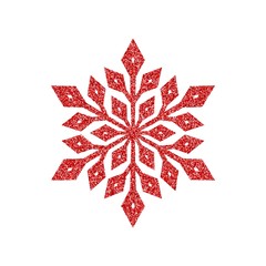 Shining red snowflakes and snow. Merry Christmas card illustration on white background. Sparkling element with glitter texture