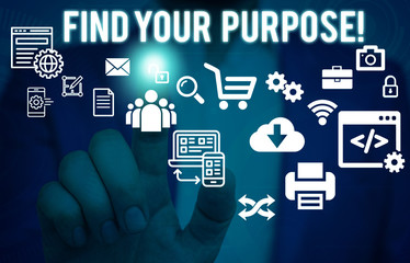 Word writing text Find Your Purpose. Business photo showcasing reason for something is done or for which still exists Male human wear formal work suit presenting presentation using smart device