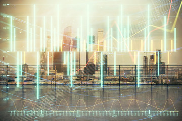 Forex graph hologram with city view from roof background. Double exposure. Financial analysis concept.