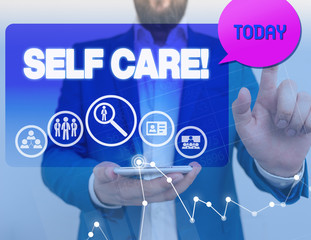 Conceptual hand writing showing Self Care. Concept meaning practice of taking action to preserve or improve ones own health