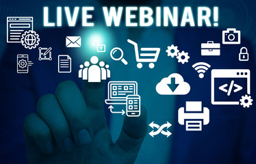 Word writing text Live Webinar. Business photo showcasing presentation lecture or seminar...