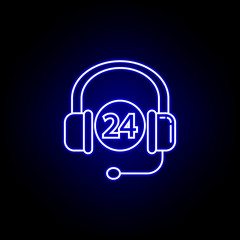 24 hours work headphones line icon in blue neon style. Set of logistics illustration icons. Signs, symbols can be used for web, logo, mobile app, UI, UX