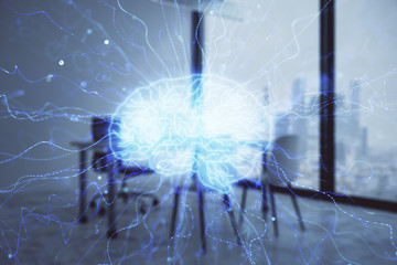 Brain sign hologram with minimalistic cabinet background. Double exposure. Ai concept.