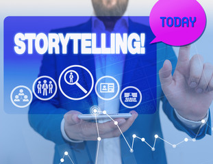 Conceptual hand writing showing Storytelling. Concept meaning activity writing stories for publishing them to public