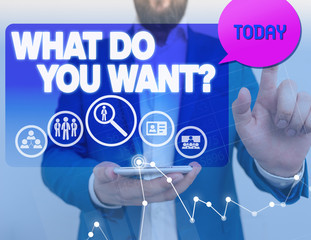 Conceptual hand writing showing What Do You Want Question. Concept meaning say or write in order to ask demonstrating about something