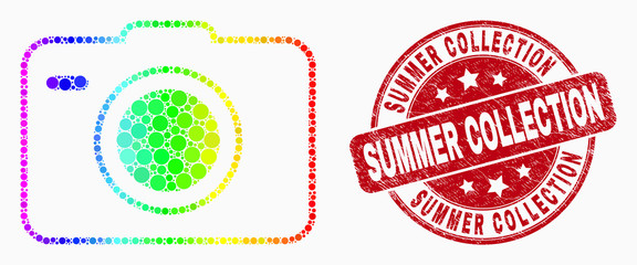 Pixel spectral photo camera mosaic pictogram and Summer Collection seal stamp. Red vector rounded distress stamp with Summer Collection text. Vector collage in flat style.