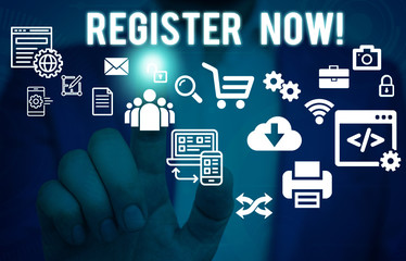 Word writing text Register Now. Business photo showcasing official list or record showing or things into web or forum Male human wear formal work suit presenting presentation using smart device