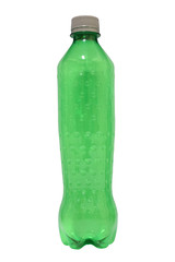 A Green small plastic bottle full of water isolated on white background with Clipping path