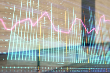 Double exposure of stock market graph on empty exterior background. Concept of analysis