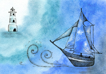 Seascape with a ship, waves and night sky. Watercolor and graphics. For the design of the background, template, invitations, greetings, postcards, banner, cover, wall.