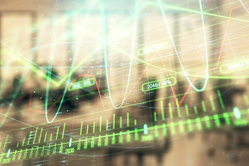 Stock and bond market graph with trading desk bank office interior on background. Multi exposure. Concept of financial analysis