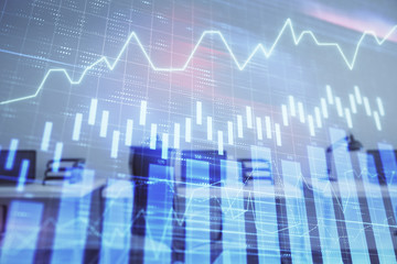 Stock and bond market graph with trading desk bank office interior on background. Multi exposure. Concept of financial analysis