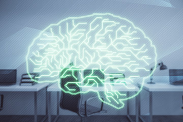 Human brain drawing with office interior on background. Double exposure. Concept of innovation.
