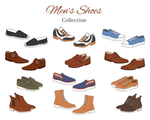 Men's shoes collection. Various types of male shoes casual boots, sneakers, formal shoes, vector illustration, isolated on white background.