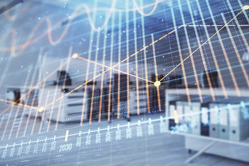 Fototapeta premium Stock market chart with trading desk bank office interior on background. Double exposure. Concept of financial analysis