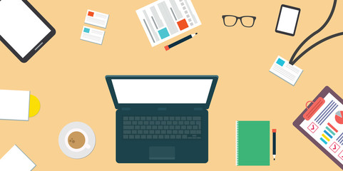 Fototapeta premium Top view elements. Desk background with laptop, digital devices, office objects, books and documents