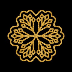 Shining golden snowflakes and snow. Merry Christmas card illustration on black background. Sparkling element with glitter texture