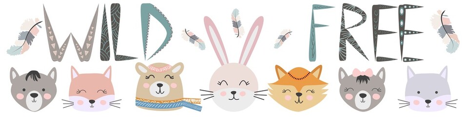 Banner Free, Wild, Brave with animals Cat, wolf, bear, fox, rabbit and feathers, arrows in the Scandinavian style. Children's set