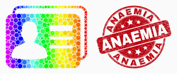 Pixel spectrum user cards mosaic icon and Anaemia seal stamp. Red vector rounded grunge seal with Anaemia title. Vector combination in flat style.