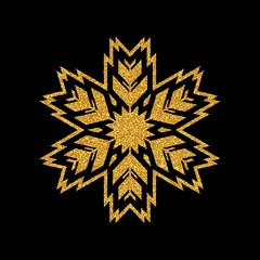 Shining golden snowflakes and snow. Merry Christmas card illustration on black background. Sparkling element with glitter texture