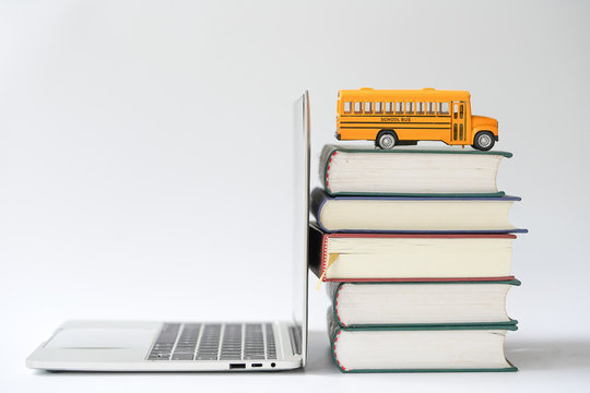 Yellow School Bus With Books, Back To School Concept, School Ride To The Bright Future