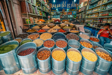 10/05/2019 Kerman,.Kerman Province.Iran, a huge variety of spices and herbs on a counter on a...