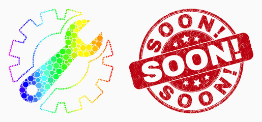 Pixelated bright spectral gear tools mosaic icon and Soon! stamp. Red vector round scratched stamp with Soon! caption. Vector combination in flat style.