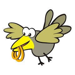Flying bird and wedding rings, funny vector icon. Abstract bird holding two rings. Humorous drawing with a wedding theme.