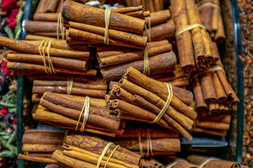 close up Background of Cinnamon sticks on the Turkish market Grand Bazaar