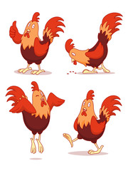Set of cartoon chicken in different poses.