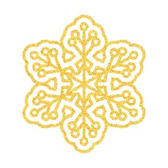 Shining golden snowflakes and snow. Merry Christmas card illustration on white background. Sparkling element with glitter texture