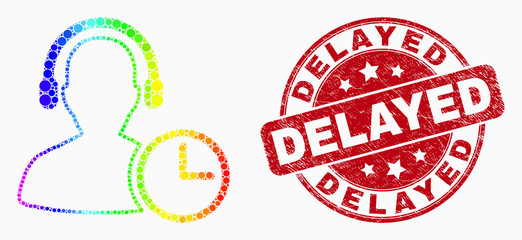 Pixelated rainbow gradiented operator time mosaic icon and Delayed stamp. Red vector rounded scratched seal with Delayed phrase. Vector collage in flat style.