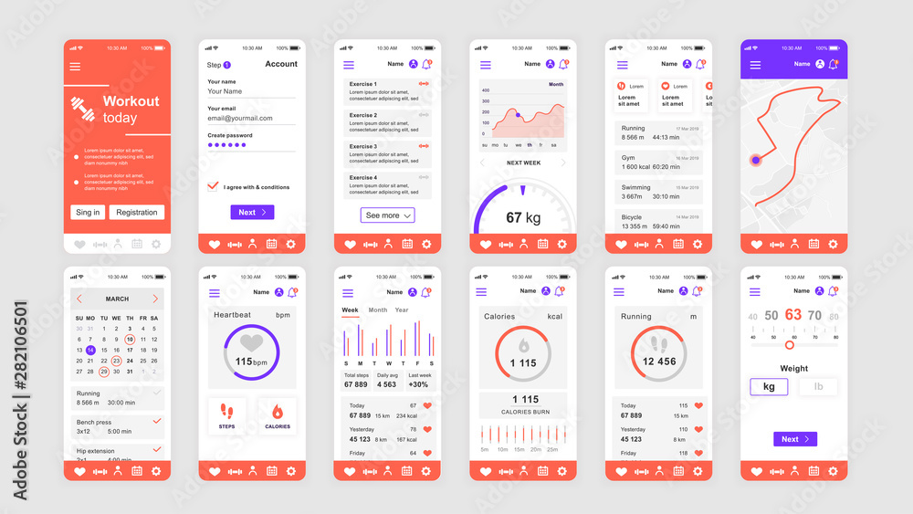 Aufkleber set of ui, ux, gui screens fitness app flat design template for mobile apps, responsive website wire