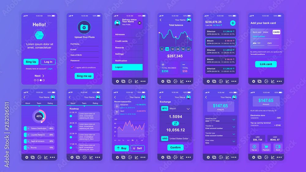Wall mural set of ui, ux, gui screens cryptocurrency app flat design template for mobile apps, responsive websi