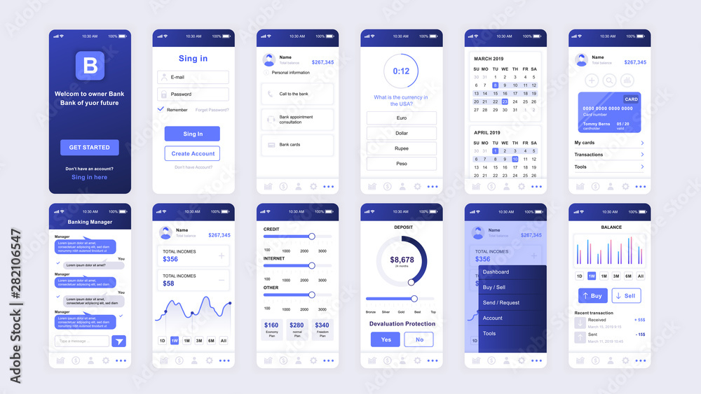 Poster set of ui, ux, gui screens banking app flat design template for mobile apps, responsive website wire