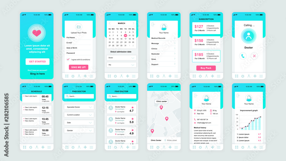Aufkleber set of ui, ux, gui screens medicine app flat design template for mobile apps, responsive website wir