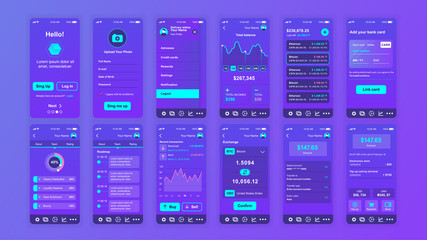 Set of UI, UX, GUI screens Cryptocurrency app flat design template for mobile apps, responsive website wireframes. Web design UI kit. Cryptocurrency Dashboard. - obrazy, fototapety, plakaty