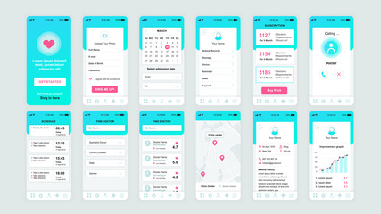 Set of UI, UX, GUI screens Medicine app flat design template for mobile apps, responsive website wireframes. Web design UI kit. Medicine Dashboard.