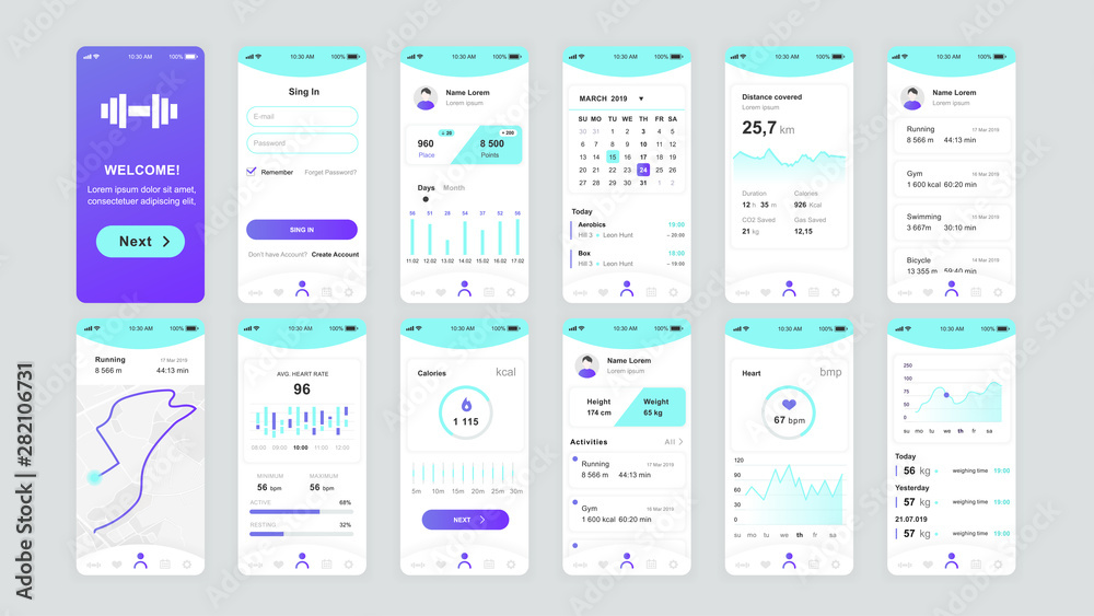 Poster set of ui, ux, gui screens fitness app flat design template for mobile apps, responsive website wire