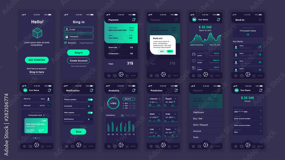 Fototapete Set of UI, UX, GUI screens Cryptocurrency app flat design template for mobile apps, responsive website wireframes. Web design UI kit. Cryptocurrency Dashboard.