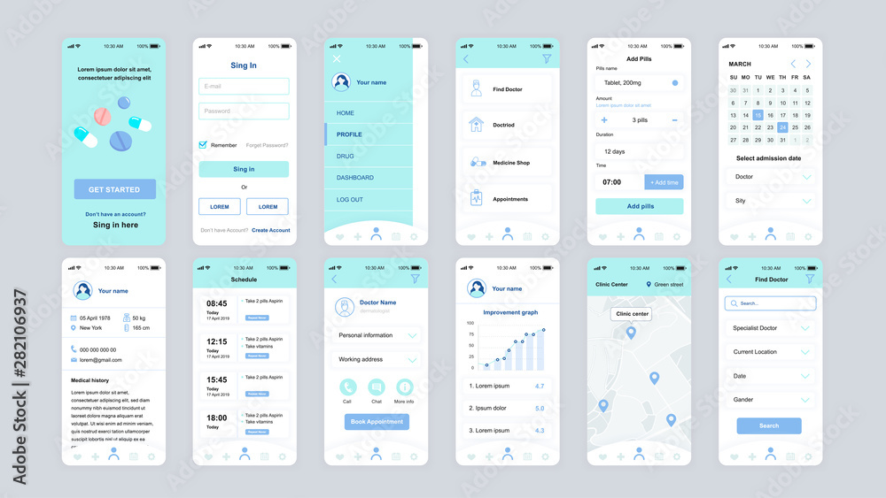 Fototapete Set of UI, UX, GUI screens Medicine app flat design template for mobile apps, responsive website wireframes. Web design UI kit. Medicine Dashboard.