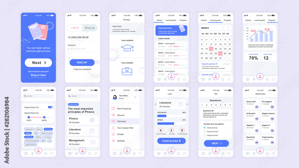 Poster set of ui, ux, gui screens education app flat design template for mobile apps, responsive website wi