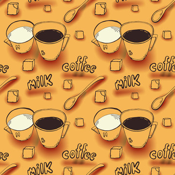 Vector background with coffee cups, milk jugs, beans, a spoon, coffee pots, sugar cubes, a grinder. Modern line style. seamless pattern