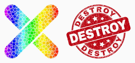 Pixelated spectral x-cross mosaic pictogram and Destroy seal. Red vector round textured seal stamp with Destroy title. Vector combination in flat style.