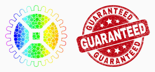 Pixelated spectrum clock gear mosaic pictogram and Guaranteed seal. Red vector round grunge seal stamp with Guaranteed message. Vector collage in flat style.