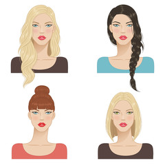 Beautiful young women with fashion trendy hairstyles. Fashion models with beautiful hair, vector illustration.