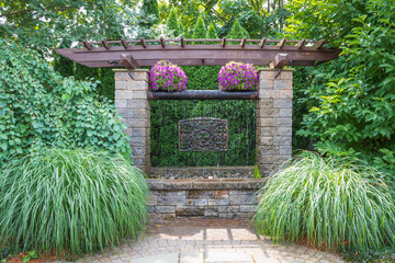 Landscape architecture with pergola and water features for summer garden